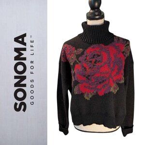 NWOT SO Goods for Life® Women's Black Turtleneck Sweater with Large Rose